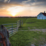 Sunset over a rural landscape with a white barn and a metal gate in the foreground. The grass is lush and green, and the sky is streaked with clouds, reflecting shades of orange and yellow from the setting sun.