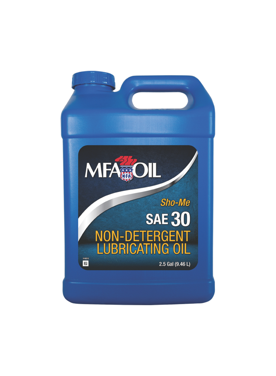 Blue plastic container of MFA Oil Sho-Me SAE 30, Non-Detergent Lubricating Oil, 2.5 gallons (9.46 liters) capacity. The label features the brand logo with a red and blue design.
