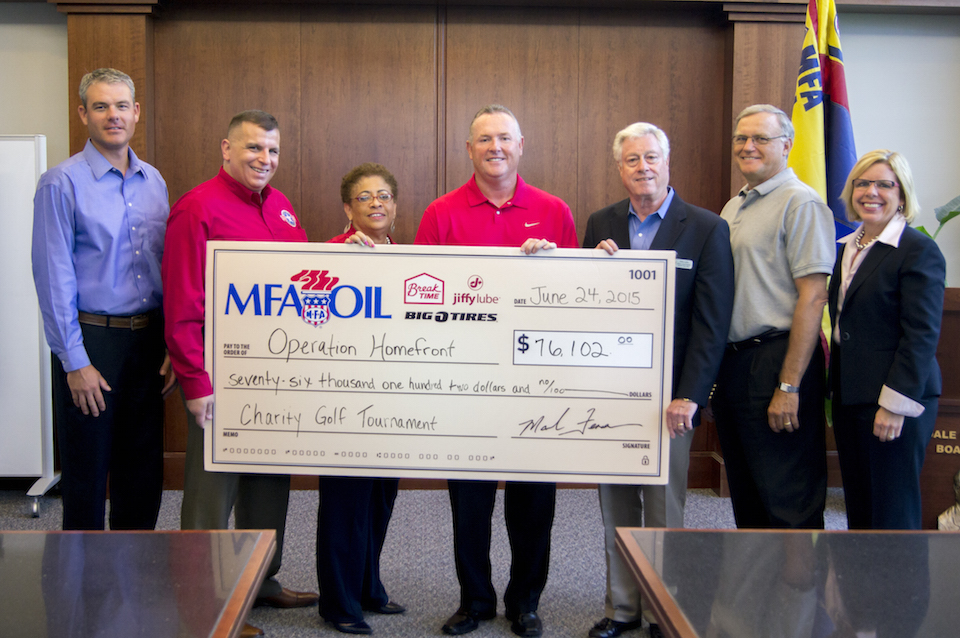 Pictured (L to R): Jon Ihler, MFA Oil vice president of sales and marketing; Tim Farrell, Operation Homefront chief operating officer; Jacqueline Watts, Operation Homefront director of programs, Kansas/Missouri field office; Mark Fenner, MFA Oil president and CEO; John Laws, Operation Homefront advisory board member; Robert Condron, MFA Oil chief financial officer; and Janice Serpico, MFA Oil chief human resources officer.