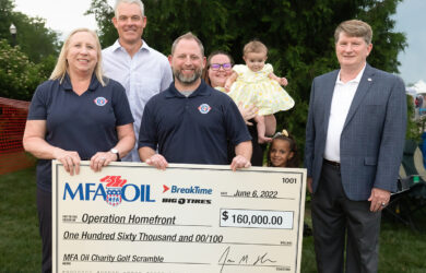 Pictured L to R: Sarah Cheesman, Operation Homefront Region 2 West Area Manager; Jon Ihler, MFA Oil President and CEO; AJ Kahn, Operation Homefront Region 2 East Area Manager; Whitney, Lyvina and Nova Alamo, active-duty military family members; and Brig Gen Robert D. Thomas, USAF, Retired, COO, Operation Homefront.