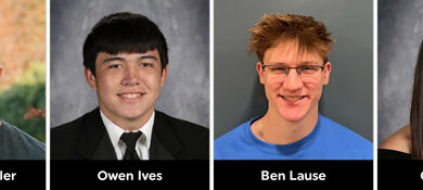 Four individual portraits in a grid. From left to right: A smiling person in an outdoor setting, a young person in a suit, a person wearing glasses and a blue shirt, and a young person with long hair. Each image includes a name label at the bottom.
