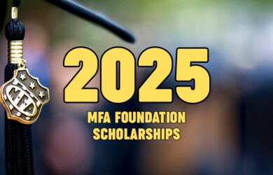 A graduation cap with a tassel and M.F.A. charm is shown. Large yellow text reads 2025 and below it MFA Foundation Scholarships on a blurred background.