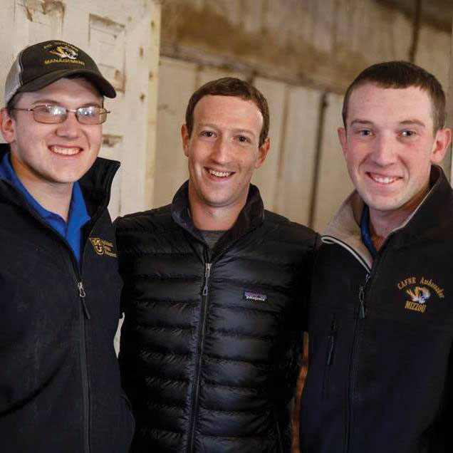 Austin Stanton (left) and Dustin Stanton (right) welcomed Mark Zuckerberg (center) to their farm near Centralia, Mo.