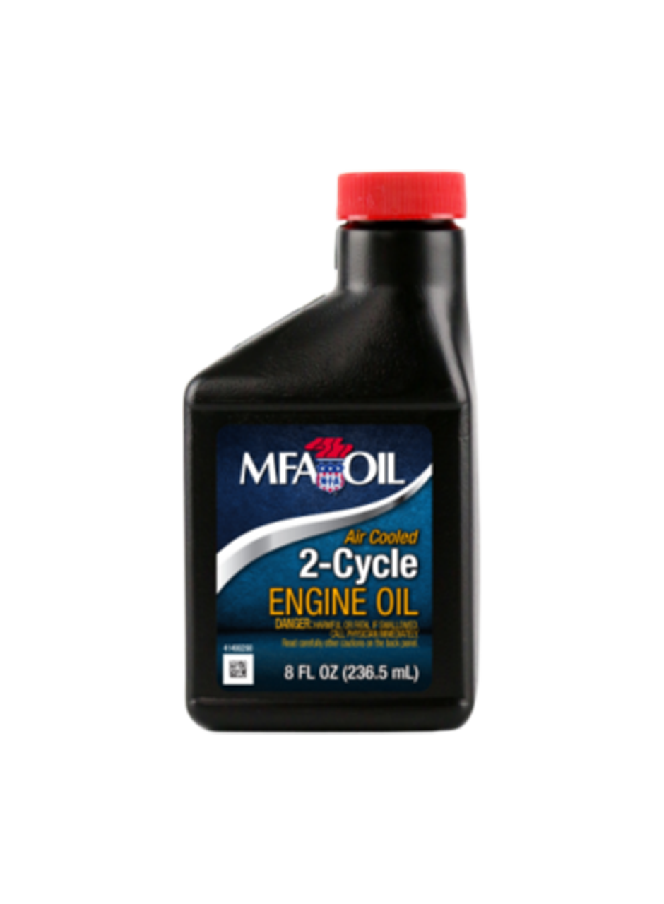 A black plastic bottle labeled MFA Oil with 2-Cycle Engine Oil in large letters. The label is predominantly black with blue and red accents. The bottle contains 8 fluid ounces (236.5 mL) of air-cooled engine oil.