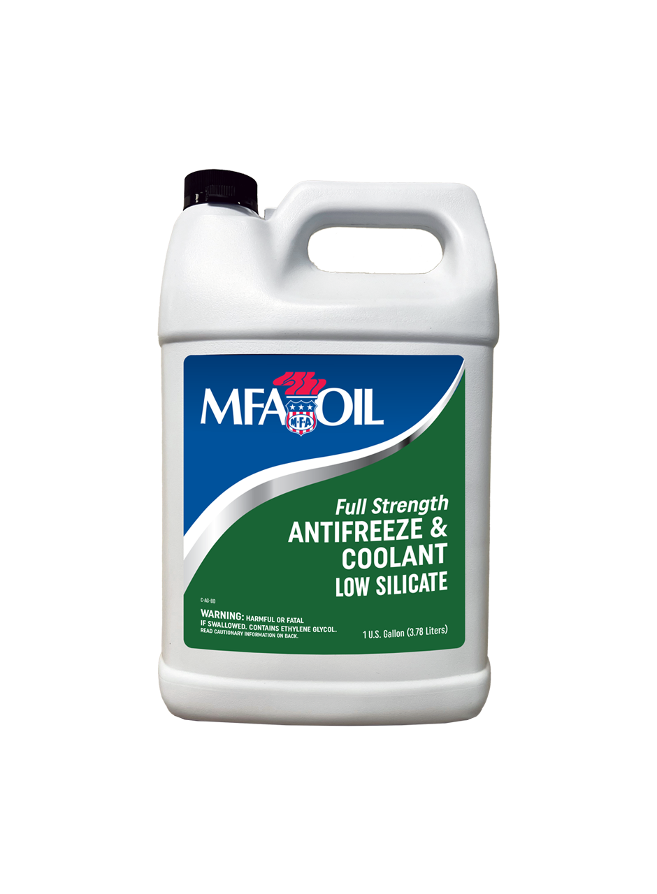 Gallon container of MFA Oil Full Strength Antifreeze & Coolant. It is labeled Low Silicate and 1 US Gallon (3.78 Liters). The label includes a warning about hazards and proper use.