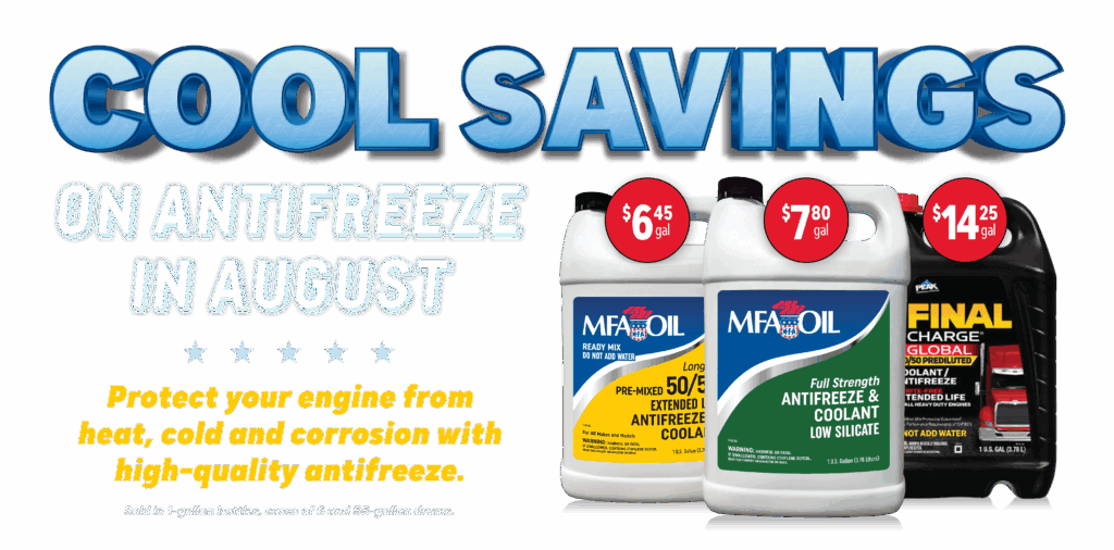 Promotional ad for antifreeze savings in August, showing three antifreeze products with prices and text promoting engine protection from heat, cold, and corrosion. Background is bright blue with bold, eye-catching fonts.