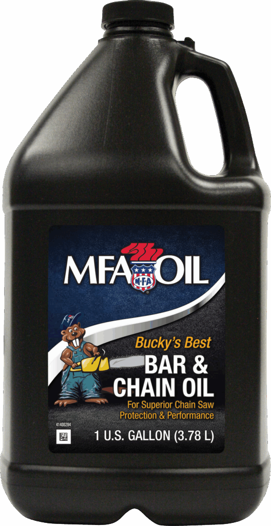 A black 1-gallon jug of MFA Oil Bucky’s Best Bar & Chain Oil, featuring a cartoon beaver in a hat holding a chainsaw. The label highlights use for chain saw protection and performance.