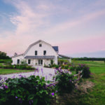 A rustic white barn surrounded by lush greenery and vibrant purple flowers sits under a pastel sunset sky. A gravel path leads to the barn, and fields stretch out to the horizon.