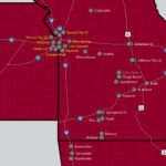 Map showing parts of Missouri and Kansas, highlighting cities like Kansas City, Jefferson City, and Columbia. Interstates are marked with blue shields, and numbered circles indicate locations within the cities.
