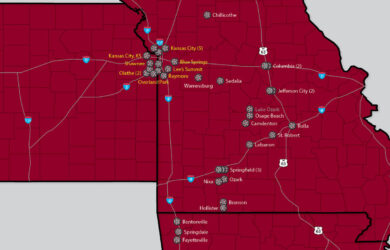 Map showing parts of Missouri and Kansas, highlighting cities like Kansas City, Jefferson City, and Columbia. Interstates are marked with blue shields, and numbered circles indicate locations within the cities.