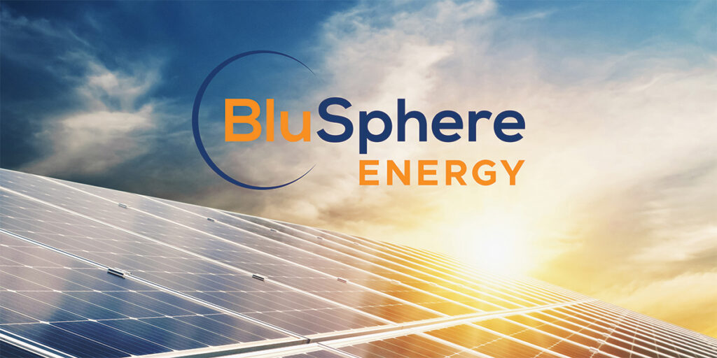 Solar panels with a sunset sky in the background. The text reads BluSphere Energy with a blue and orange color scheme.