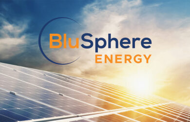 Solar panels with a sunset sky in the background. The text reads BluSphere Energy with a blue and orange color scheme.