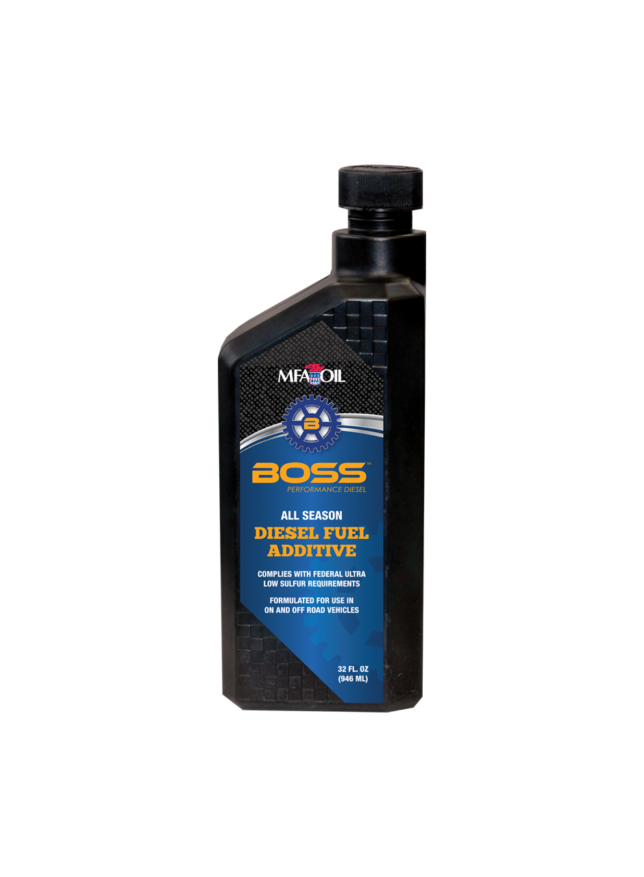Bottle of MFA Oil BOSS Diesel Fuel Additive with a black cap. The label is blue with white and orange text, indicating it is formulated for both on and off-road diesel vehicles and complies with federal ultra-low sulfur requirements. Capacity: 32 fl. oz.
