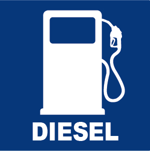 White icon of a fuel pump with a nozzle on a blue background, with the word DIESEL written in bold white letters below the pump.