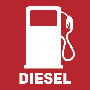 White fuel pump icon with a nozzle and the word DIESEL in bold letters underneath, all on a red background.