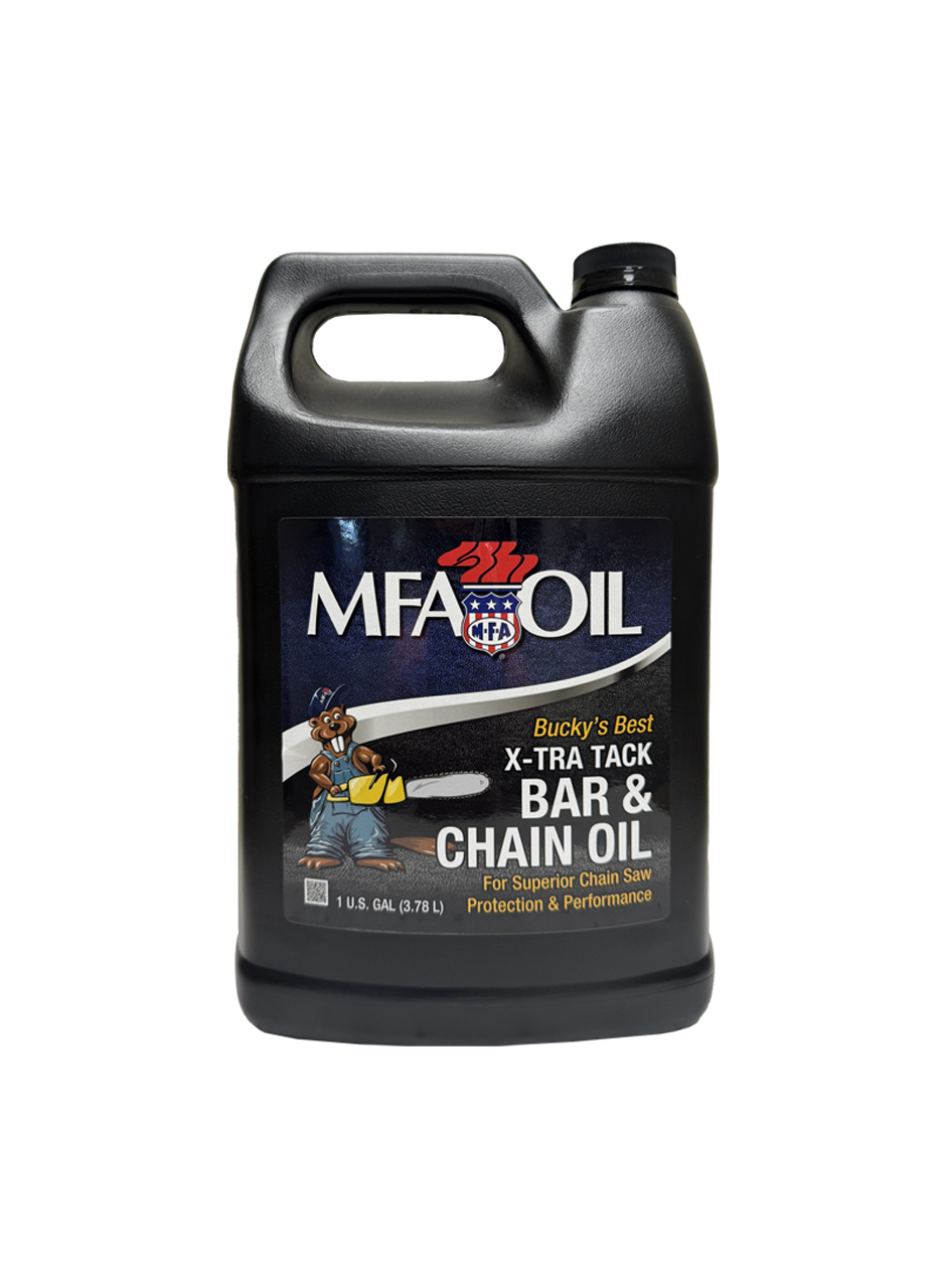 A black 1-gallon container of MFA Oil X-Tra Tack Bar & Chain Oil, labeled for superior chainsaw chain protection and performance, with an illustrated beaver holding a chainsaw on the front.