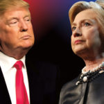 A man in a suit and a red tie looks towards a woman in a black jacket with a pearl necklace. The background is split in red and blue.