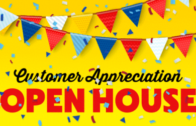 A colorful graphic with red, blue, and white triangular bunting and falling confetti against a yellow background. Bold text reads Customer Appreciation OPEN HOUSE in black and red letters.