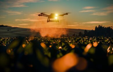 A drone sprays crops with agricultural chemicals at sunset, flying low over a green field with the sun shining through its frame and a mist visible around it.