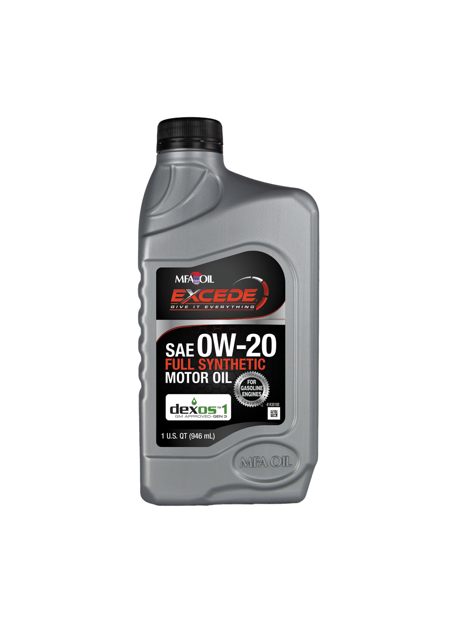 A gray plastic bottle of MFA Oil Excede SAE 0W-20 full synthetic motor oil, 1 quart (946 ml). The label is black with red and white text. It indicates the product is low friction and dexos1 certified.