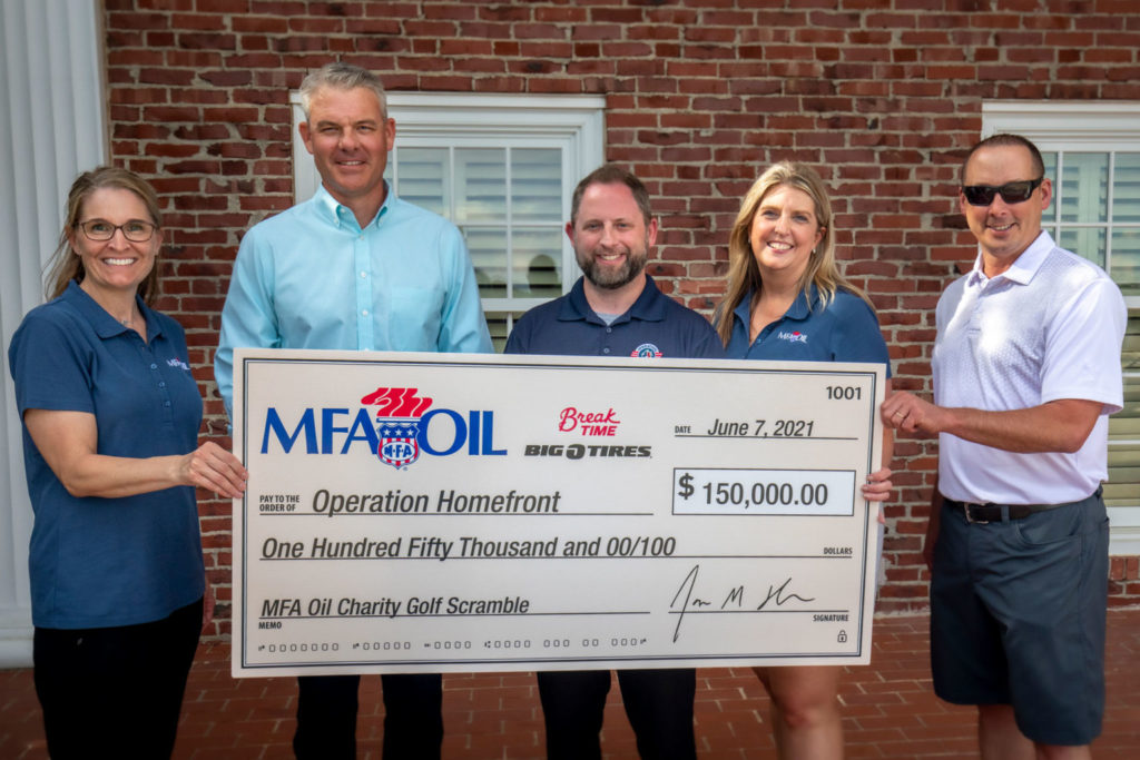 Pictured L to R: Ashley Bower, MFA Oil Senior Manager of Marketing Services; Jon Ihler, MFA Oil President and CEO; AJ Kahn, Operation Homefront Area Manager – Region 2; Jennifer Bach, MFA Oil Senior Director of Break Time Operations; and Kenny Steeves, Senior Vice President of MFA Oil Operations.