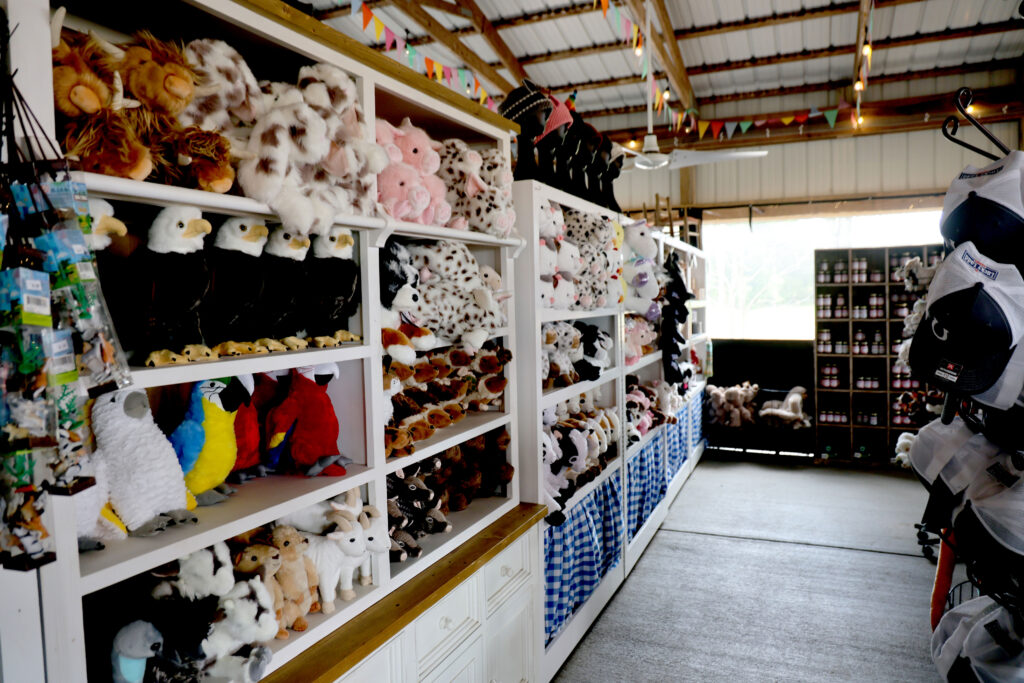 Lucky Ladd Farms shelves in a store display various stuffed animals, including birds and dogs, alongside hats and bottles. The store has a metal roof and festive bunting hanging from the ceiling.
