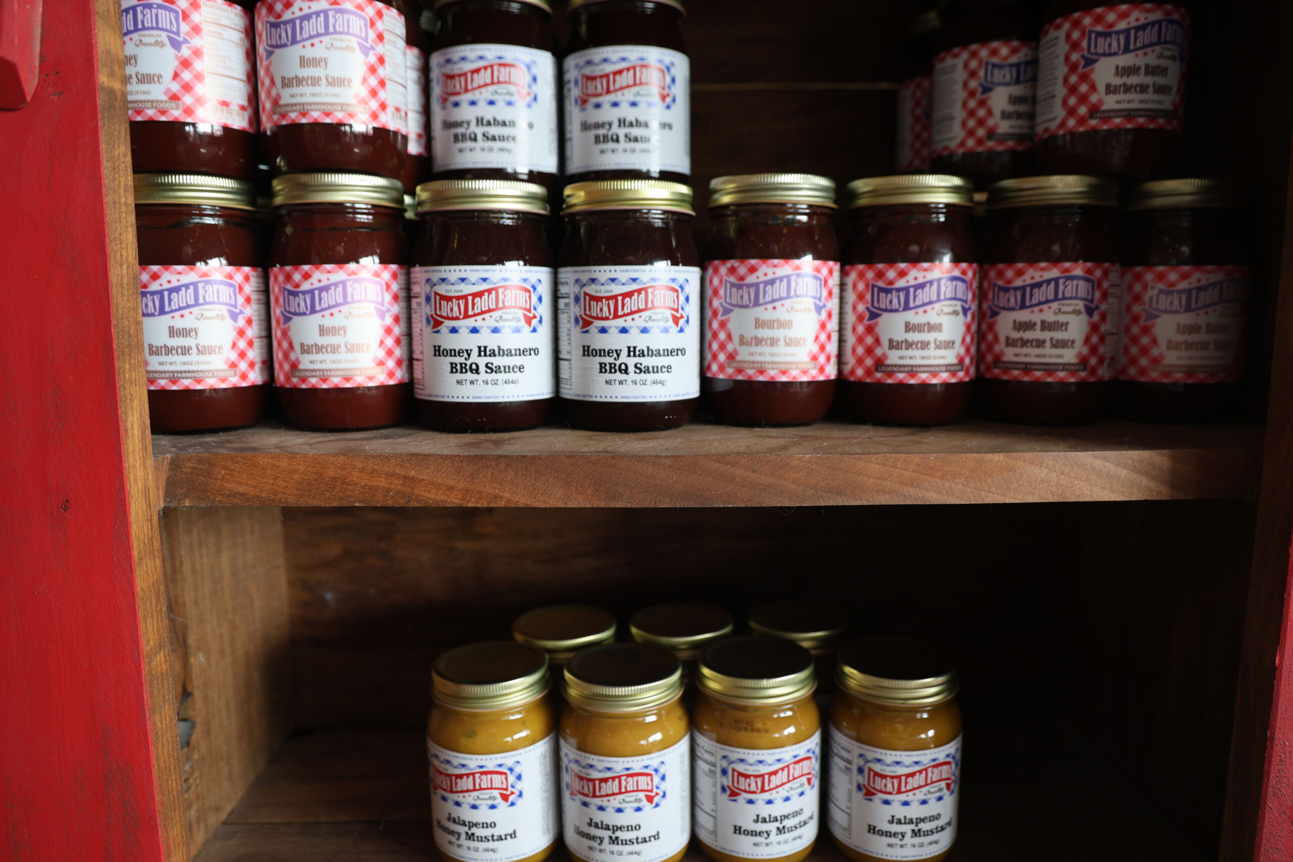 The Lucky Ladd Farms gift shop offers a range of souvenirs from its most popular, the stuffed animals, to jams, jellies, sauces, and caps.