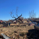 A devastated landscape with debris scattered across the ground, including wooden planks and metal sheets. A leafless, uprooted tree stands amid the wreckage under a clear blue sky. A damaged car is partially visible on the right.