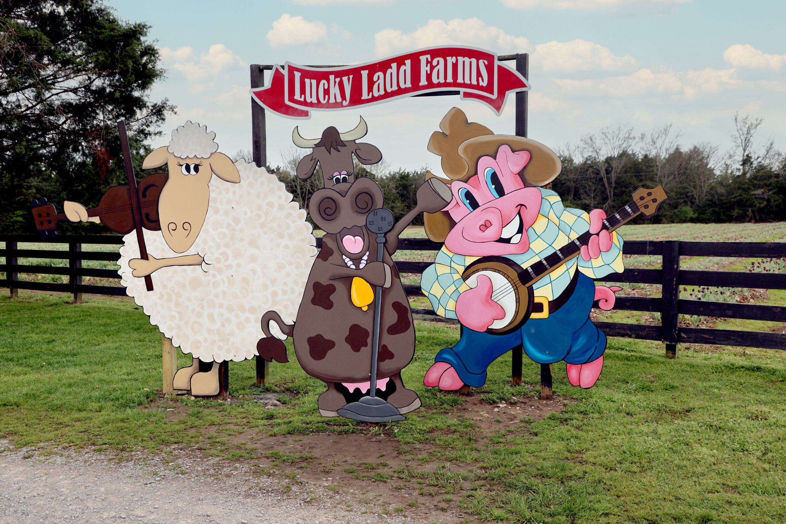 Signs and whimsical figures greet visitors at the entrance to Lucky Ladd Farms.