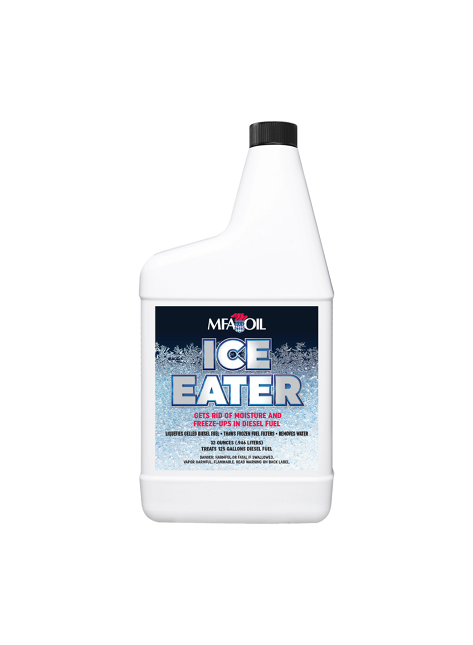 A white bottle labeled MFA Oil Ice Eater with a black cap. The label features a frosty design and text stating it removes moisture and prevents freeze-ups in diesel fuel.
