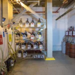 A lubricant storage room filled with various labeled chemical containers, hoses, and barrels. The walls are painted white, and the floor is concrete. Shelving units hold multiple small containers with different colored labels.