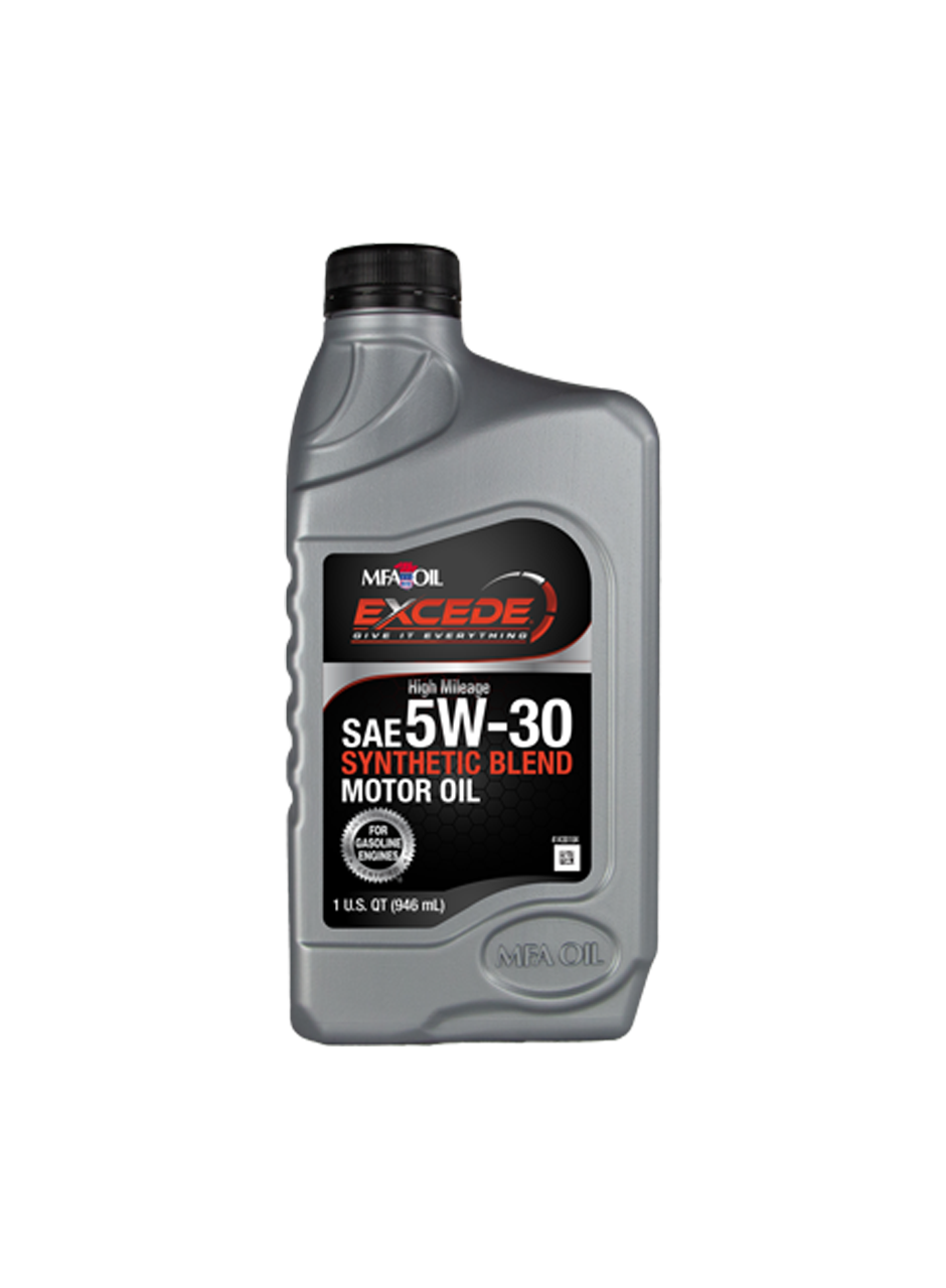 A gray plastic bottle of MFA Oil Excede high mileage 5W-30 synthetic blend motor oil. The label highlights SAE 5W-30 and For High Mileage Engines with a capacity of 1 US quart (946 mL).