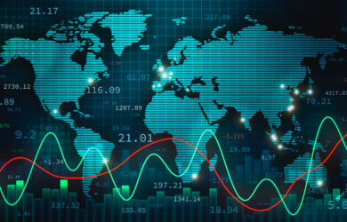 A digital world map with financial graphs, bar charts, and numerical data overlaid, representing global stock markets and economic trends on a glowing blue grid background.