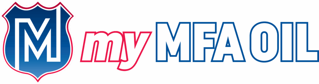 Logo with a blue, white, and red shield featuring a large M. Next to it, the words my MFA OIL appear, with my in red and MFA OIL in blue outline.