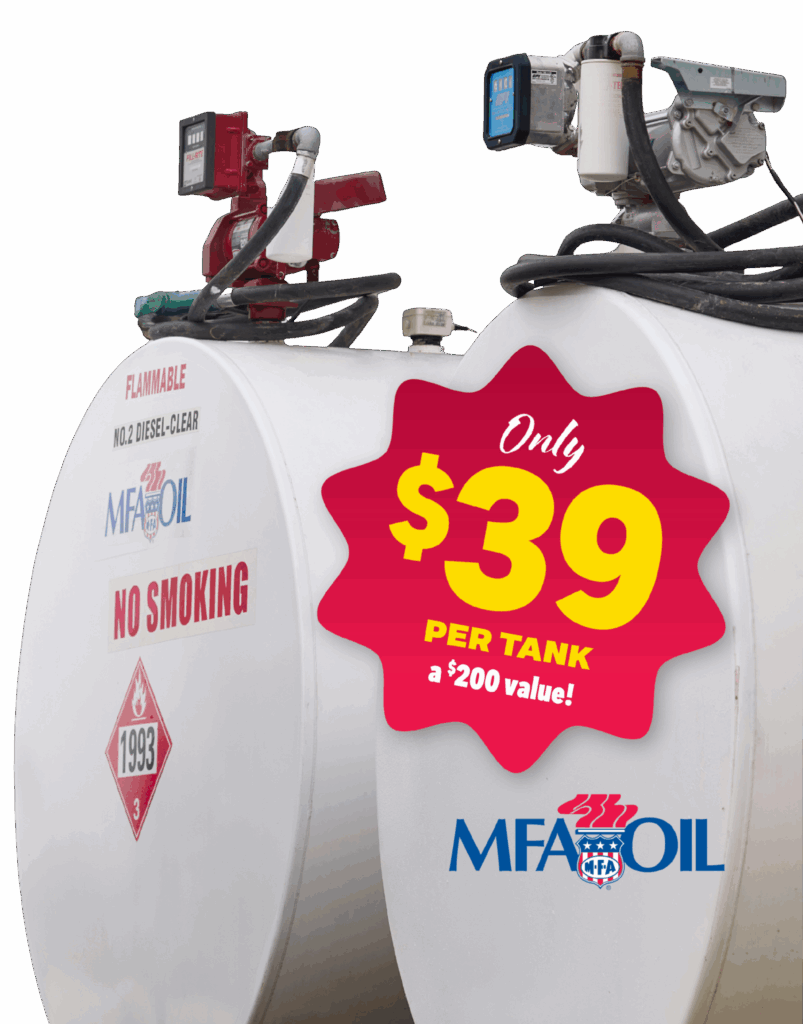 Two large white fuel tanks with gauges and pumps on top. A bright red and yellow sign on one tank reads, Only $39 PER TANK a $200 value! The MFA Oil logo is visible on both tanks.