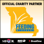 Illustration of Missouri with wheat overlaid, labeled Feeding Missouri. Text at the top reads Official Charity Partner. Logos at the bottom: MFA Oil, Big O Tires, and BreakTime.