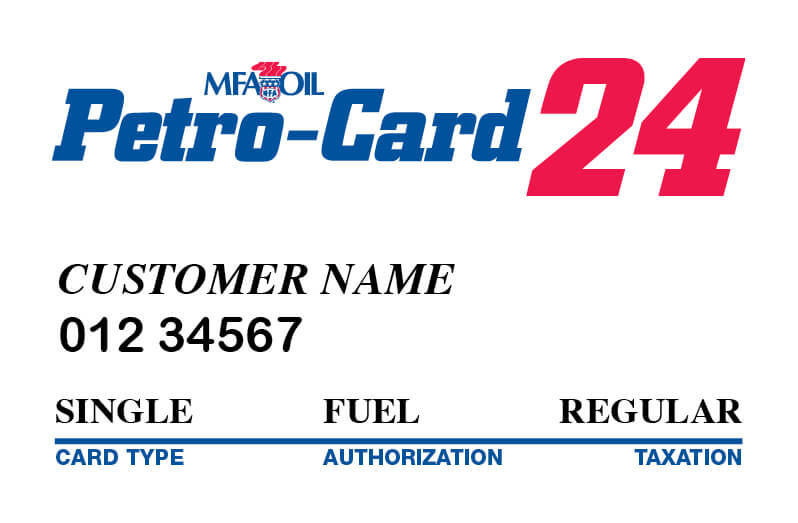 Petro-Card 24 card showing MFA Oil logo. Customer number: 012 34567. Card type: Single. Categories include fuel authorization and regular taxation information.