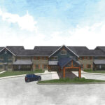 Illustration of a large two-story building with a gabled roof resembling a Ronald McDonald House, featuring a covered entrance and a parked car. The welcoming structure is surrounded by lush greenery and set against a partly cloudy sky.