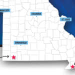 Map of Missouri highlighting major cities: Kansas City, Columbia, St. Louis, Springfield, and two marked locations with stars in the southern part for D&D Oil Company and Griffin Oil & Propane.