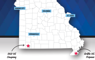Map of Missouri highlighting major cities: Kansas City, Columbia, St. Louis, Springfield, and two marked locations with stars in the southern part for D&D Oil Company and Griffin Oil & Propane.
