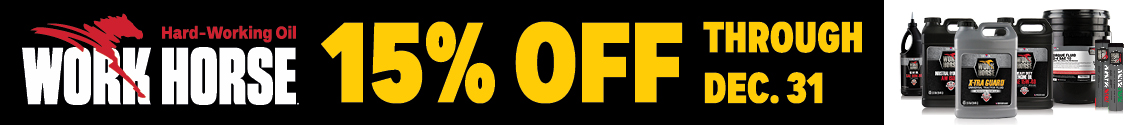Banner advertises WORK HORSE Hard-Working Oil with 15% off through Dec. 31. Includes images of various black oil containers on the right against a white background. Text is in red and yellow on a black background.