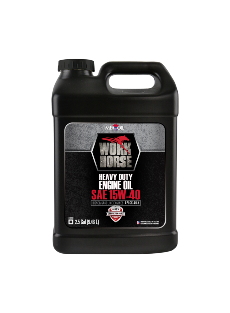 A black jug of Work Horse heavy-duty engine oil with SAE 15W-40 specification. The label features a red and silver design, stating its for diesel/gasoline engines, with a capacity of 2.5 gallons (9.46 liters).