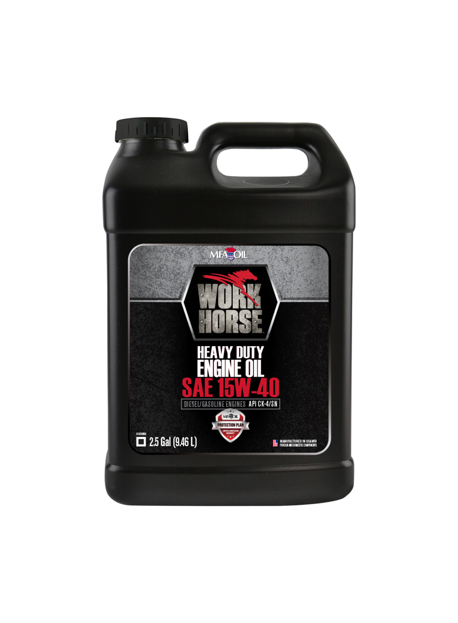 A black container of Work Horse Heavy Duty Engine Oil, SAE 15W-40, with a capacity of 2.5 gallons (9.46 L). The label indicates use for diesel engines and highlights the brand MFA Oil.