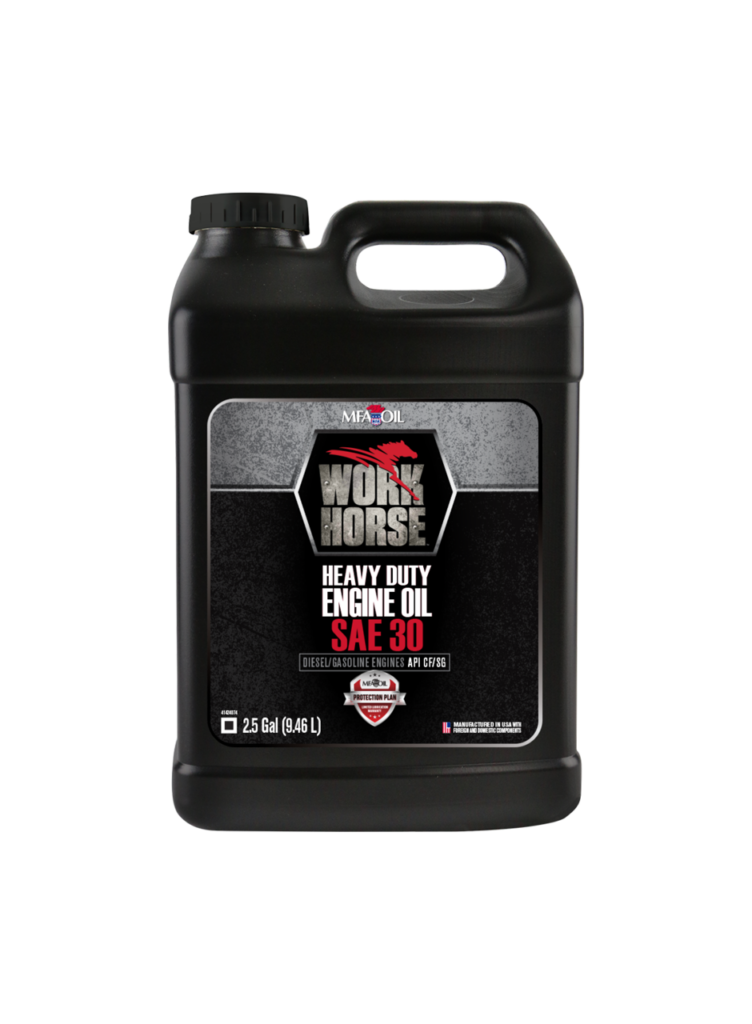 A black container of MFA Oil Work Horse Heavy Duty Engine Oil, SAE 30, with a capacity of 2.5 gallons (9.45 liters). The label features red and white text and a warning symbol.
