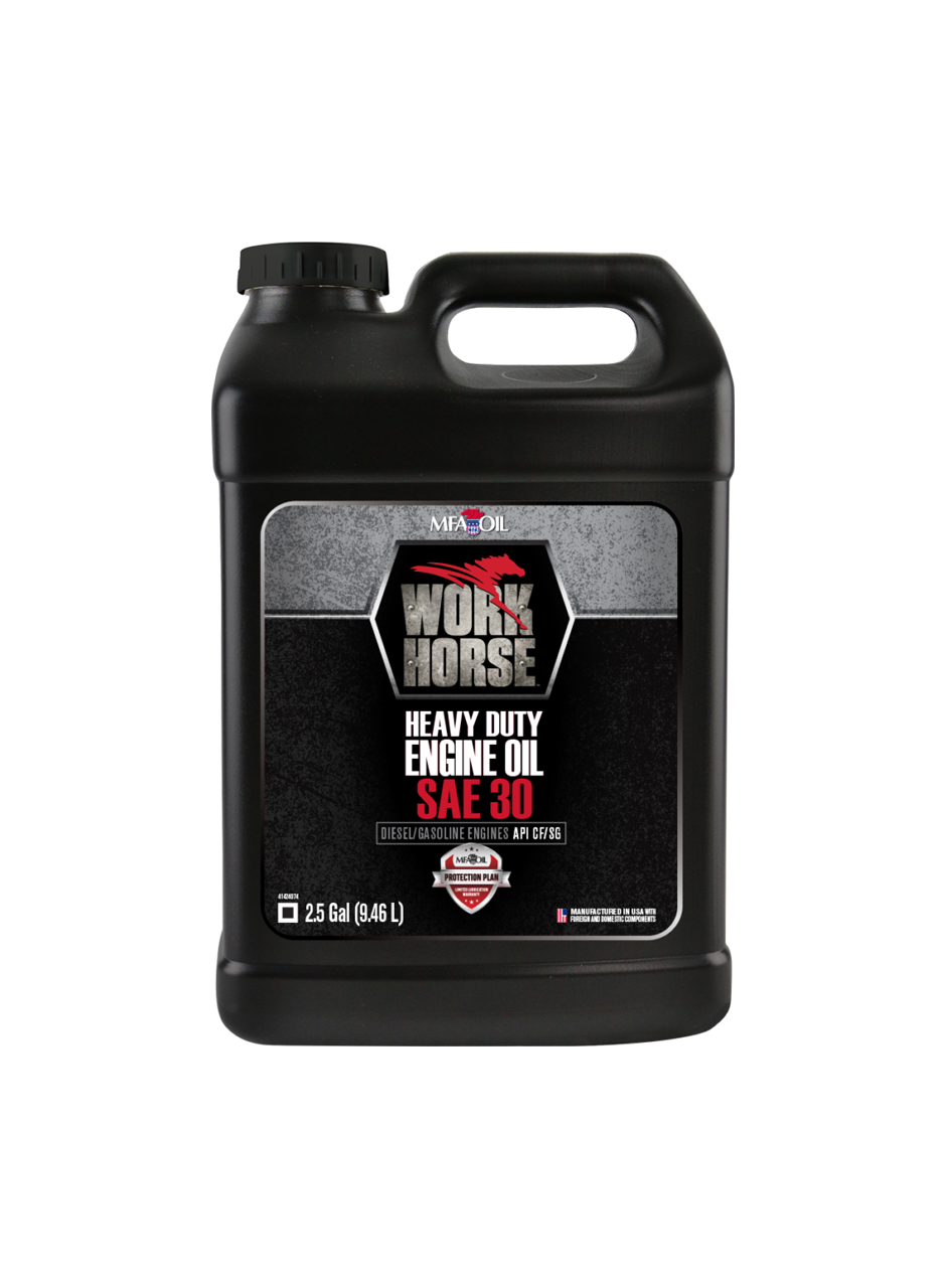 A black 2.5-gallon container of Work Horse heavy-duty engine oil, SAE 30. The label indicates its suitable for diesel, gasoline, and natural gas engines. The container has a carrying handle and a screw cap.