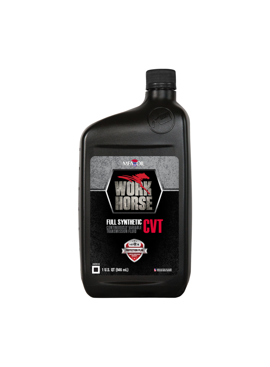 A black plastic bottle of Work Horse Full Synthetic CVT Transmission Fluid with white and red label. The bottle contains 1 US quart (946 mL) of fluid.