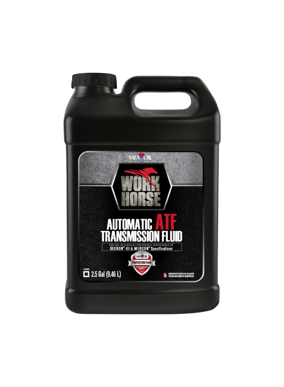 A black 2.5-gallon jug of Work Horse Automatic Transmission Fluid with a red and silver label. The label includes specifications like Dexron III H/Mercon.