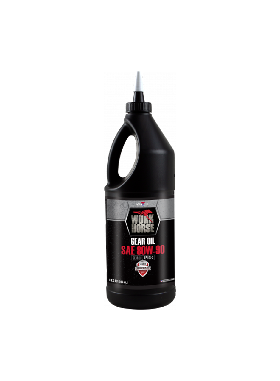 Black bottle of Work Horse Gear Oil SAE 80W-90 standing upright. The bottle features a handle and a tapered nozzle for easy pouring. It contains 946 ml (32 fl. oz.) of oil, suitable for vehicle gear lubrication.