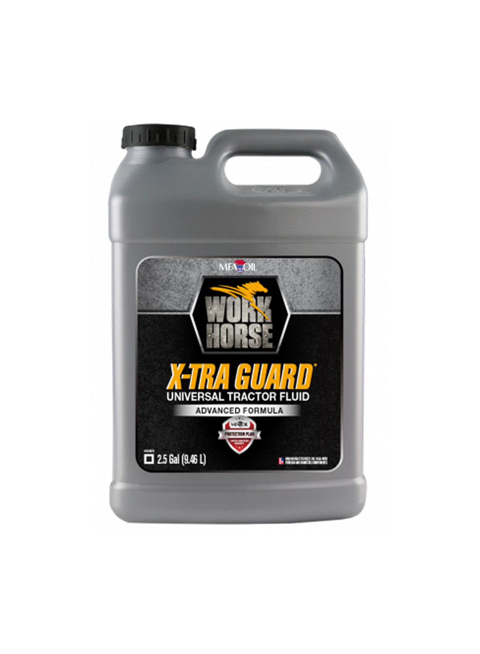 Gray container of WORK HORSE X-TRA GUARD Universal Tractor Fluid. It is 2.5 gallons (9.46 liters) with a black cap. The label features bold yellow and white text with a red and white emblem indicating an advanced formula.