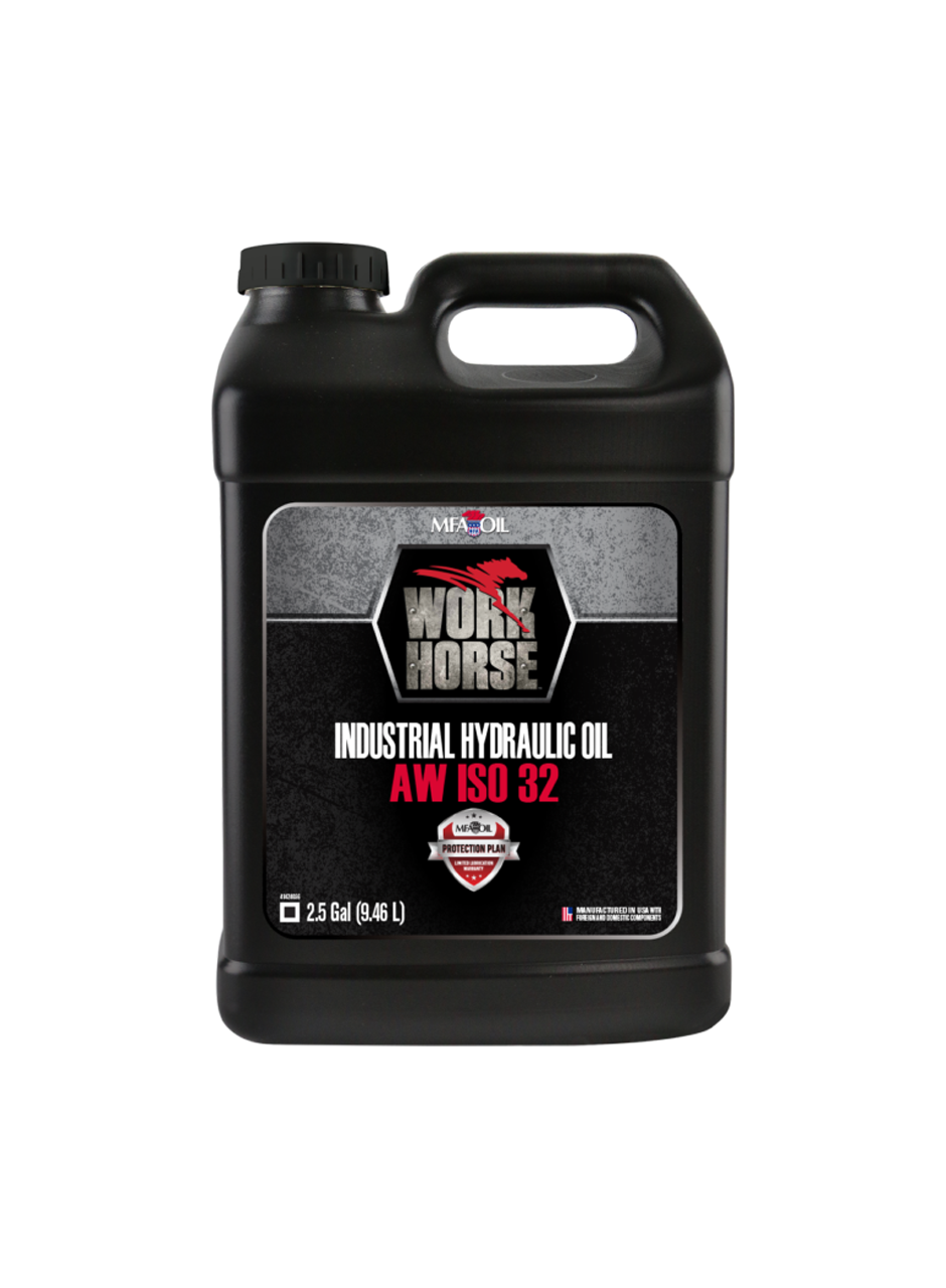 A black 2.5-gallon container labeled WORK HORSE Industrial Hydraulic Oil AW ISO 32 with a spout on the left. The container features branding and detailed product information on the front label.
